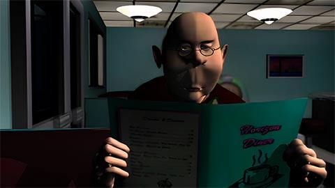 A frumpy man examines the menu at a diner in a 3d CGI rendering